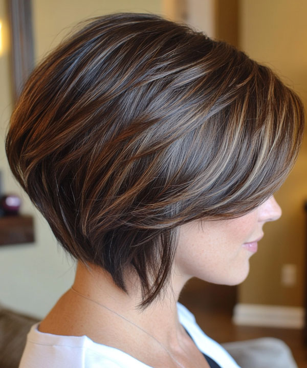 25 Beautiful Brunette Hair Colour Looks : Caramel-Touched Brunette Layered Bob