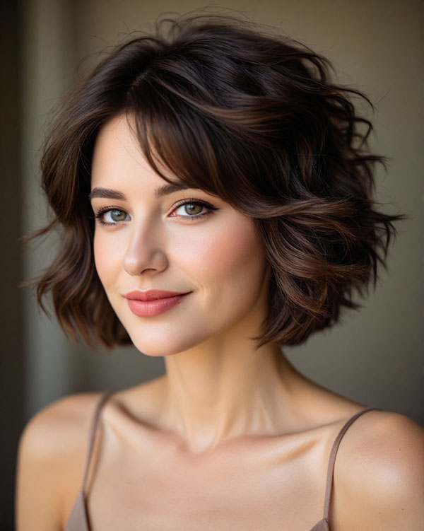 27 Bob Hairstyles with Fringe to Suit Every Look : Brunette Wavy Bob with Curtain Bangs