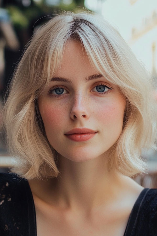 Champagne Blonde Bob with Curtain Bangs, bob with bangs, Bob Hairstyles with Fringe