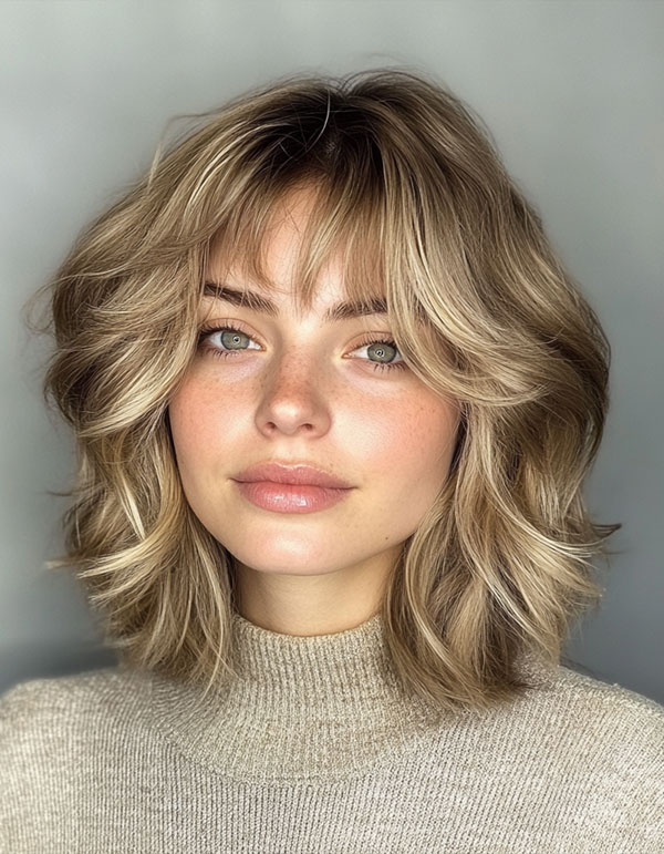 27 Bob Hairstyles with Fringe to Suit Every Look : Layered Blonde Bob with Curtain Bangs