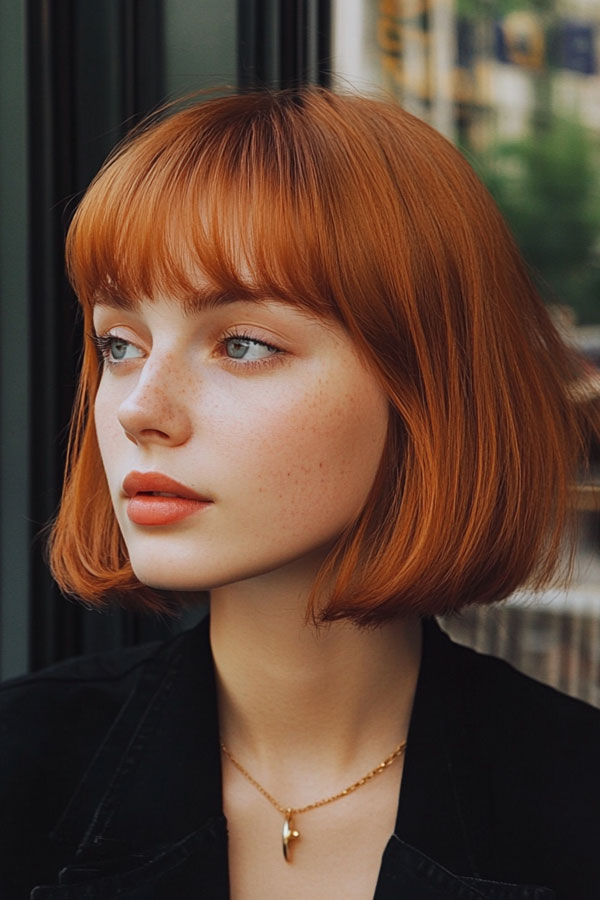 27 Bob Hairstyles with Fringe to Suit Every Look : Copper Bob with Birkin Bangs