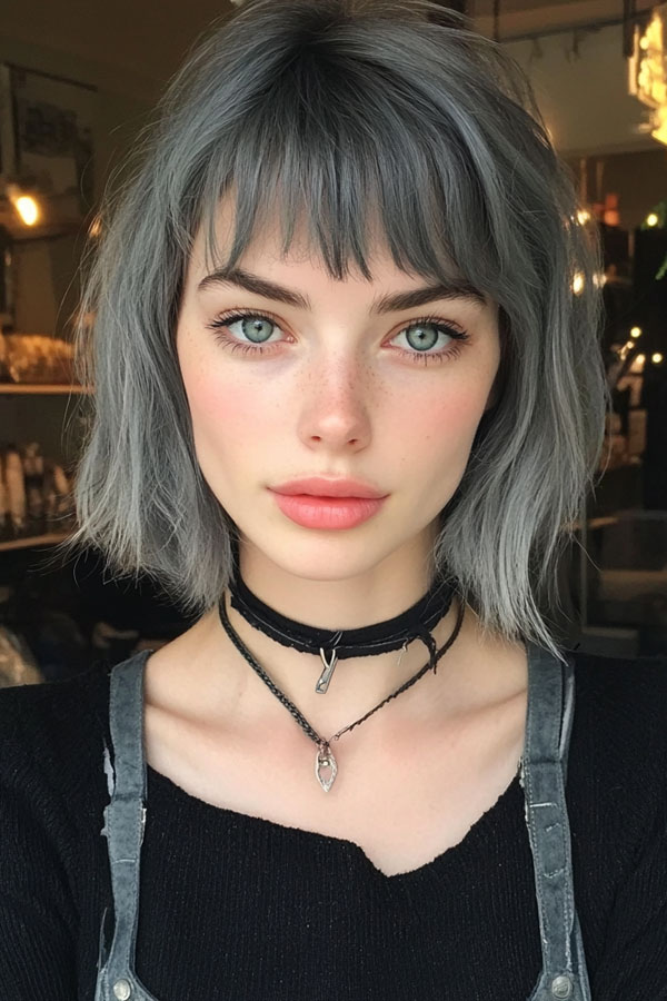 27 Bob Hairstyles with Fringe to Suit Every Look : Edgy Silver Bob with Choppy Bangs