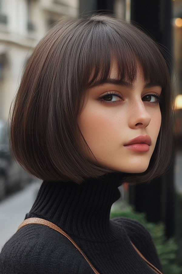 27 Bob Hairstyles with Fringe to Suit Every Look : Sleek Brunette Bob with Micro Bangs