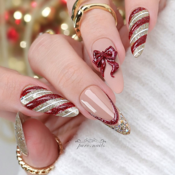 Candy Cane Glam Almond Nails, Elegant Christmas nails, cute Christmas nails, glitter nails, christmas nails almond