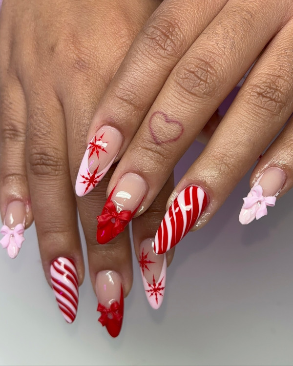 Peppermint Red Almond Nails, Elegant Christmas nails, cute Christmas nails, glitter nails, christmas nails red