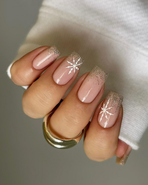 Glitter Tip Nails with Snowflake, Elegant Christmas nails, cute Christmas nails, glitter nails, christmas nails nude