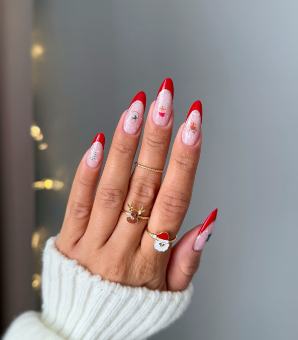 Festive Red-Tipped Elegance, Christmas Nails, Christmas nails, Christmas festive nails, almond nails, Christmas almond nails