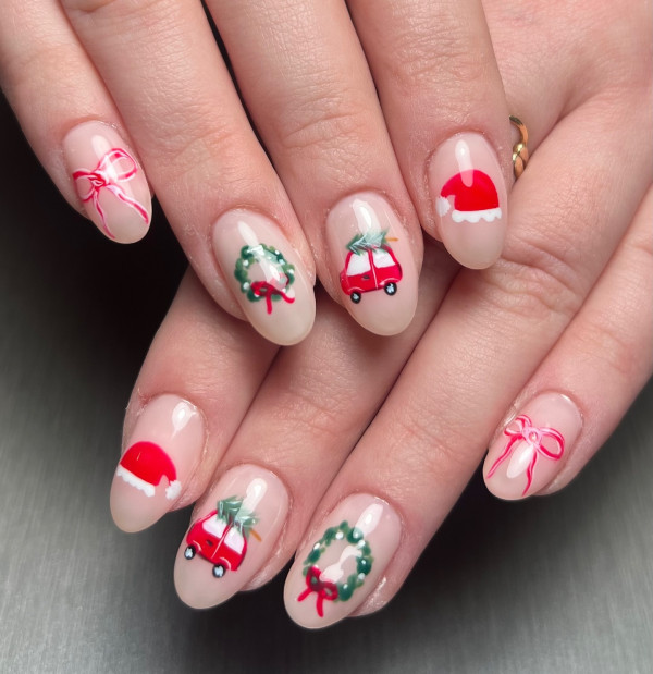 Festive Road Trip Nails, Christmas Nails, Christmas nails, Christmas festive nails, almond nails, Christmas almond nails