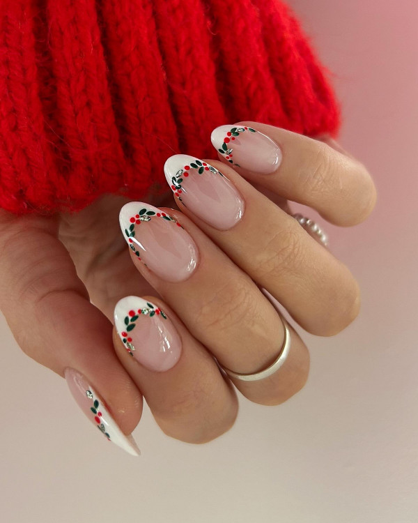 Holly Berry French Tips, Elegant Christmas nails, cute Christmas nails, glitter nails, christmas nails red