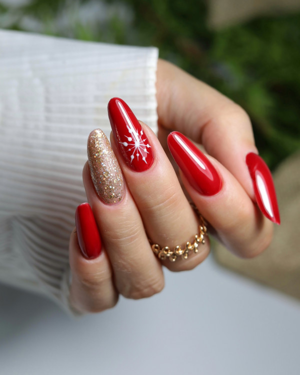 Red & Gold Almond Nails, Elegant Christmas nails, cute Christmas nails, glitter nails, christmas nails red