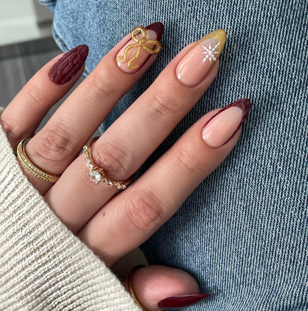 Burgundy & Gold Christmas Nails, Almond Nails, Elegant Christmas nails, cute Christmas nails, glitter nails, christmas nails gold