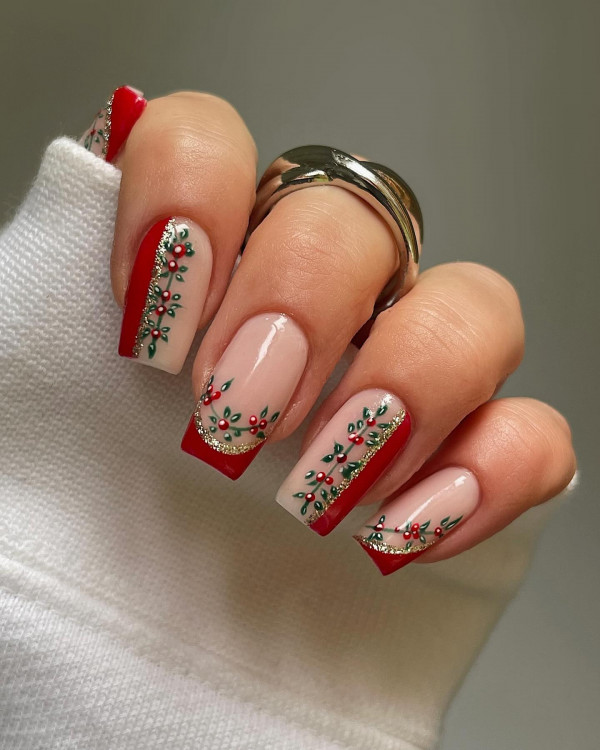 Red & Holly Jolly French Tips, Elegant Christmas nails, cute Christmas nails, glitter nails, christmas nails nude