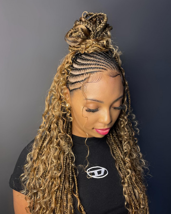 20 Modern Fulani Braids With Curls To Rock Right Now : Golden Fulani Braids with Half-Up Top Knot