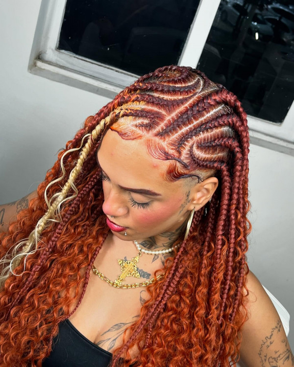 Fiery Copper Fulani Braids with a Twist, Fulani braids with curls, crochet hair styles fulani braids with curls, Fulani braids, tribal/fulani braids with curls at the end, flip over fulani braids with curls, goddess braids fulani braids with curls