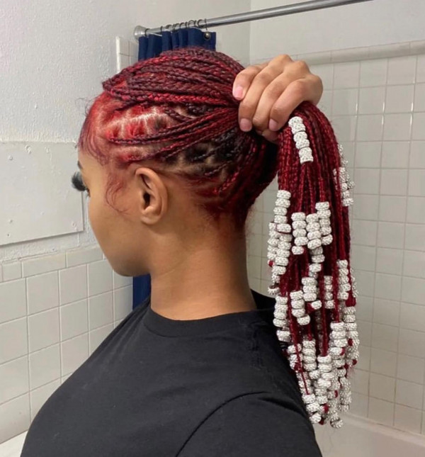 Fiery Red Fulani Ponytail with Bold Beads, Fulani Braids with beads, Fulani braids, goddess braids Fulani braids with curls