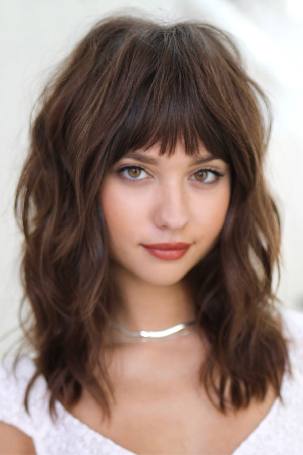 37 Trendy Shoulder Length Bob Hairstyles : Chestnut Soft Shag with a Fringe