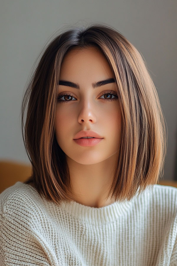 37 Trendy Shoulder Length Bob Hairstyles : Sleek Chestnut Bob with a Middle Part