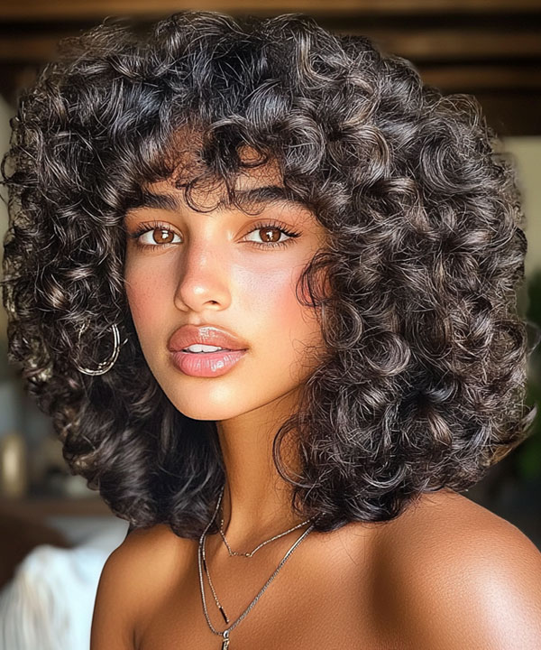 37 Trendy Shoulder Length Bob Hairstyles : Curly Bob with Soft Fringe