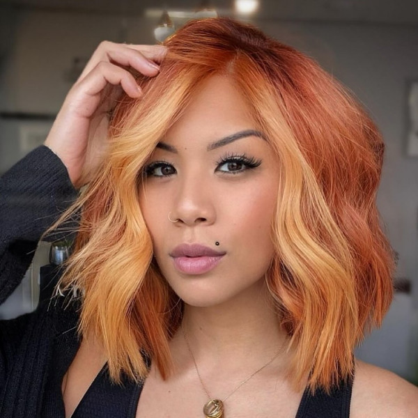 37 Trendy Shoulder Length Bob Hairstyles : Fiery Copper Bob with Golden Highlights