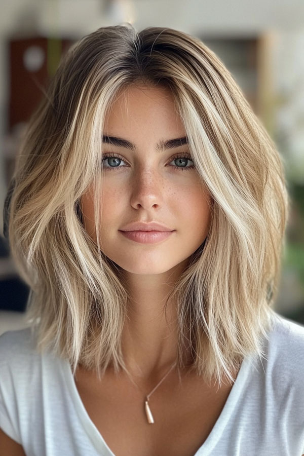 37 Trendy Shoulder Length Bob Hairstyles : Sun-Kissed Blonde Airy Layered Long Bob