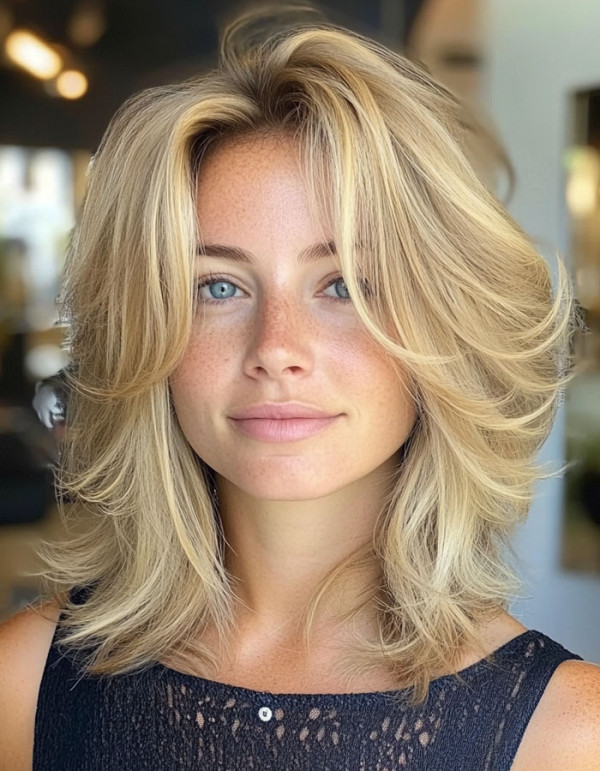 37 Trendy Shoulder Length Bob Hairstyles : Blonde Bob with Feathered Layers