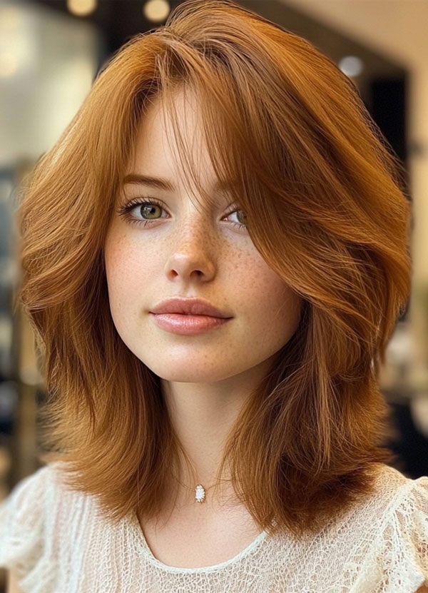 37 Trendy Shoulder Length Bob Hairstyles : Auburn Layered Lob with Curtain Bangs