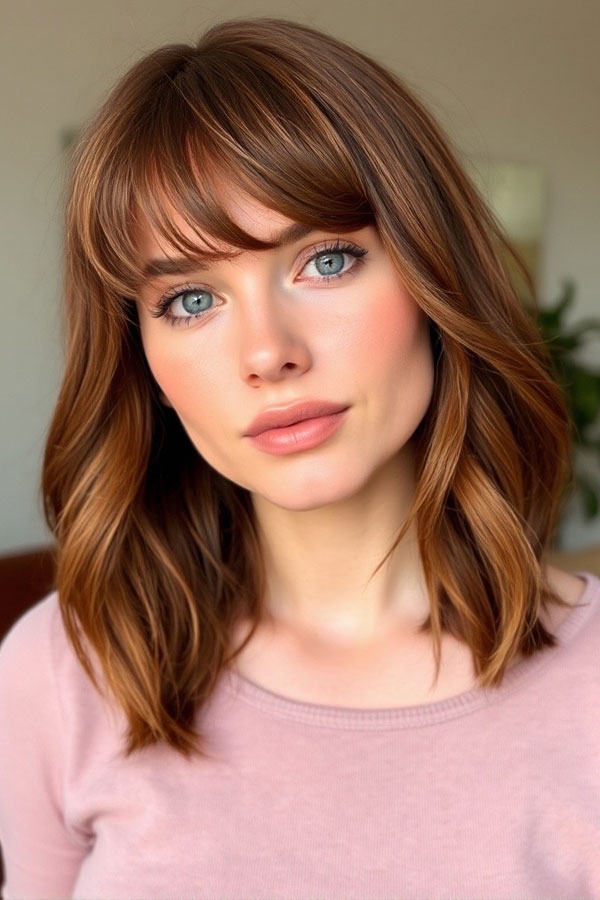 37 Trendy Shoulder Length Bob Hairstyles : Soft Caramel Bob with Bangs