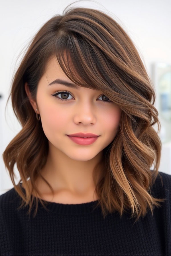 37 Trendy Shoulder Length Bob Hairstyles : Soft Chocolate Long Bob with a Side Fringe