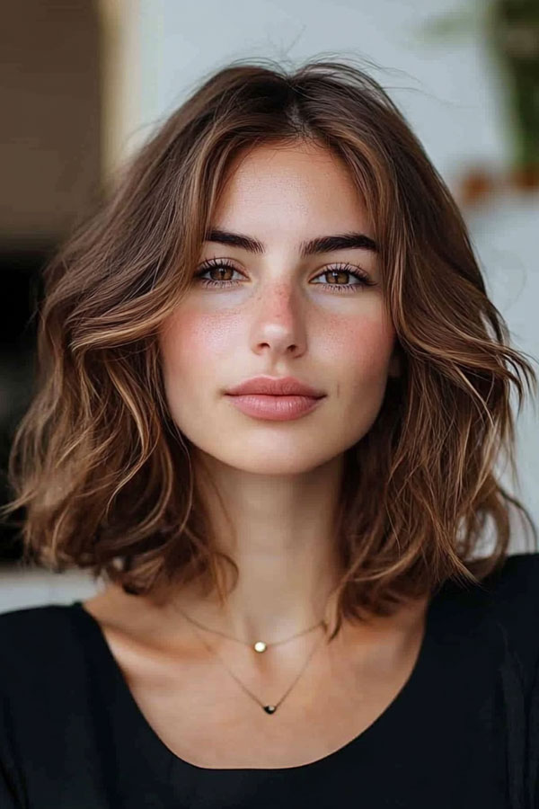 37 Trendy Shoulder Length Bob Hairstyles : Wavy Brunette Bob with Natural Texture