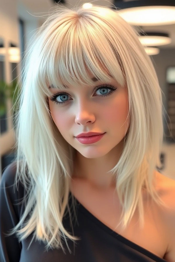 37 Trendy Shoulder Length Bob Hairstyles : Platinum Blonde Bob with Blunt Bangs