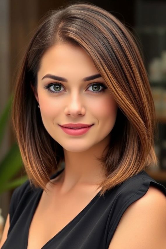 Trendy Shoulder Length Bob Hairstyles Chestnut Lob With A Side Part