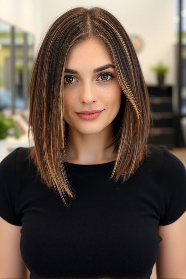 37 Trendy Shoulder Length Bob Hairstyles : Sleek Brunette Bob with Subtle Highlights