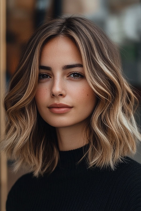 37 Trendy Shoulder Length Bob Hairstyles : Wavy Bronde Lob with Face-Framing Highlights