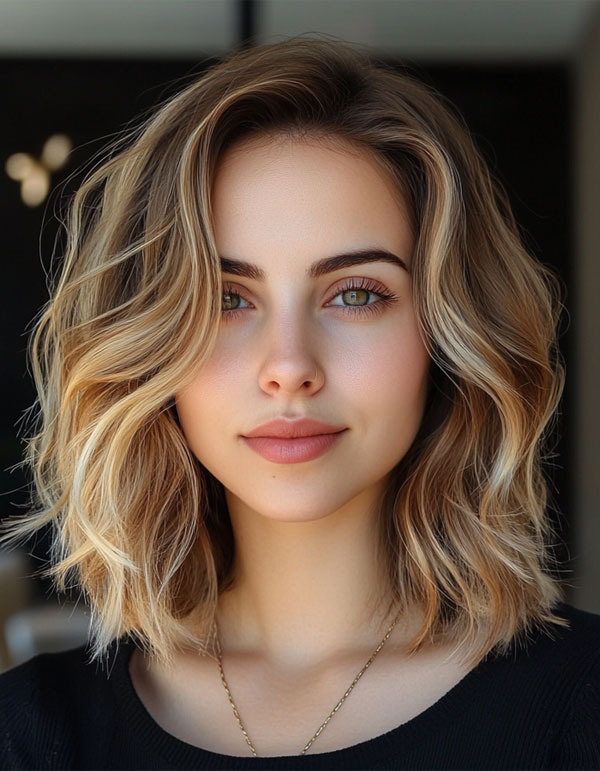 37 Trendy Shoulder Length Bob Hairstyles : Soft Wavy Bob with Honey Highlights