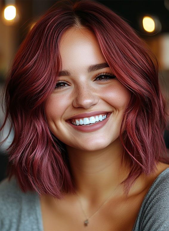 37 Trendy Shoulder Length Bob Hairstyles : Raspberry Long Bob with Textured Ends