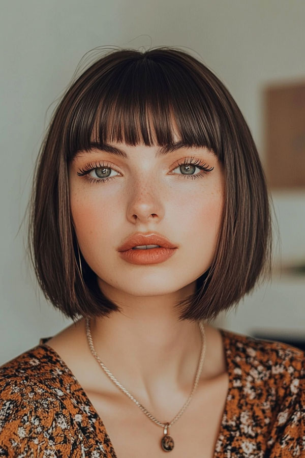 27 Bob Hairstyles with Fringe to Suit Every Look : Brunette Bob with Blunt Bangs