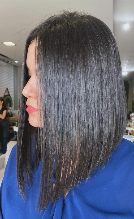 Sleek Angled Lob in Jet Black, shoulder length medium bob haircut, shoulder length haircuts, long bob haircut, medium bob hairstyle, Medium length bob with layers