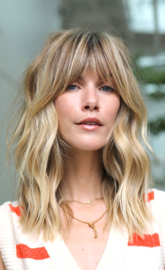 37 Trendy Shoulder Length Bob Hairstyles : Tousled Blonde Lob with Wispy Bangs