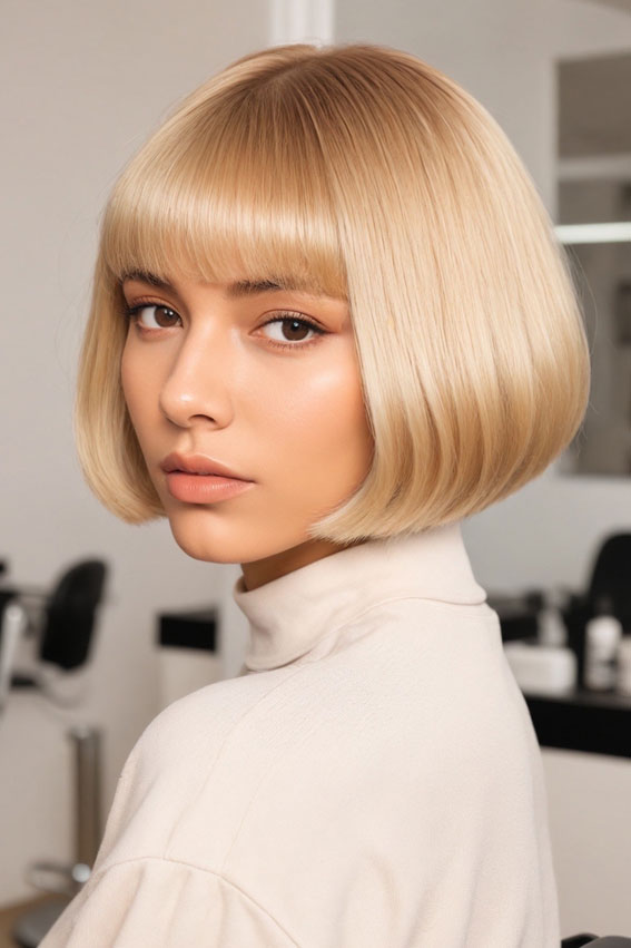 25 Adorable Teddy Bear Blonde Bob Hairstyles : Classic Blunt Bob with Bangs