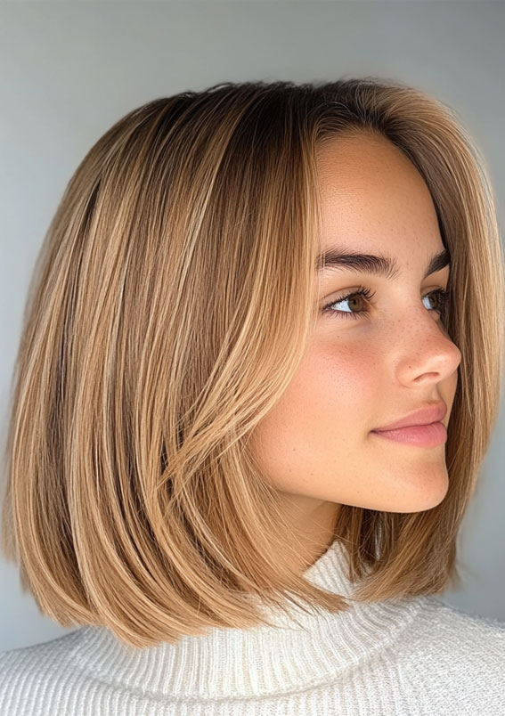 Sleek Honey-Toned Bob, teddy bear blonde bob, teddy bear blonde hair, Teddy bear blonde bob hairstyles, Teddy bear blonde Balayage, Teddy bear hair colour, Teddy bear blonde Highlights, Teddy bear blonde short hair