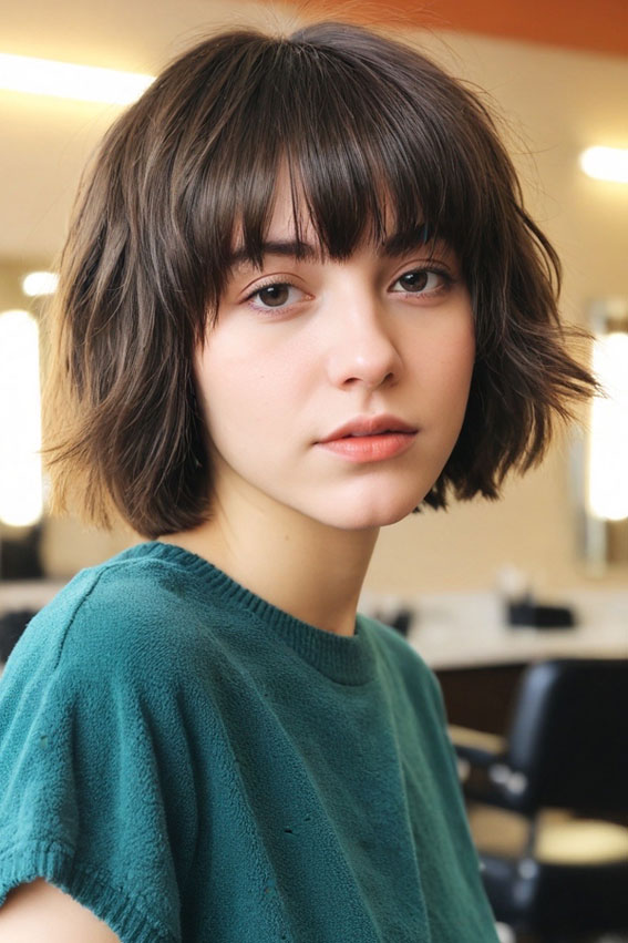 Sleek, Shaggy, or Wavy 33 Bobs You’ll Love : Textured Brunette Choppy Bob with Fringe