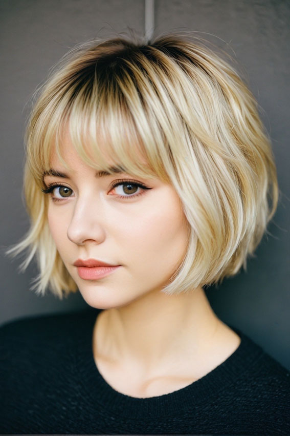 Sleek, Shaggy, or Wavy 33 Bobs You’ll Love : Blonde Textured Bob with Wispy Bangs