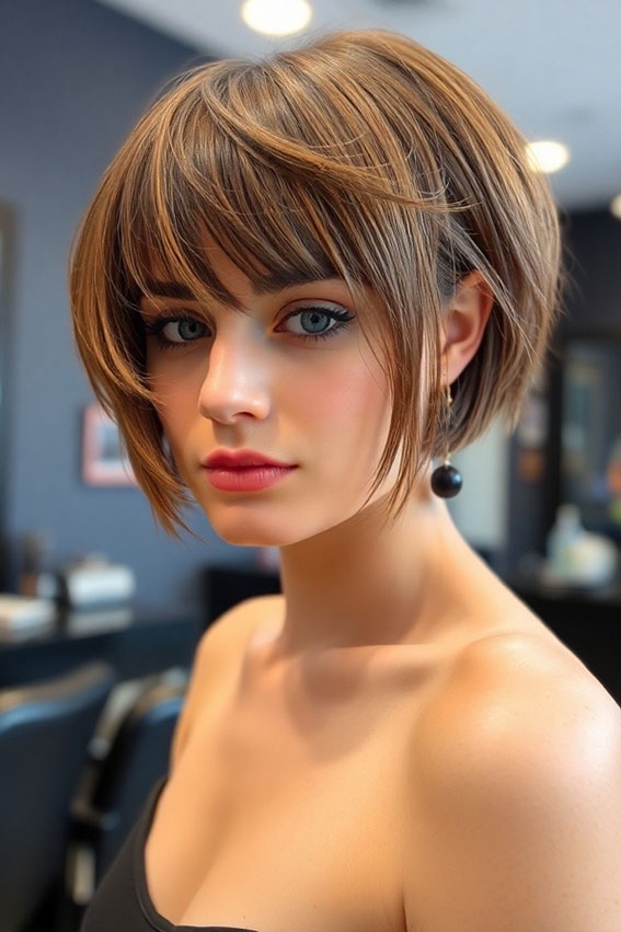 Honey Brown Bob with Wispy Fringe, bob haircut, bob hairstyle with bangs