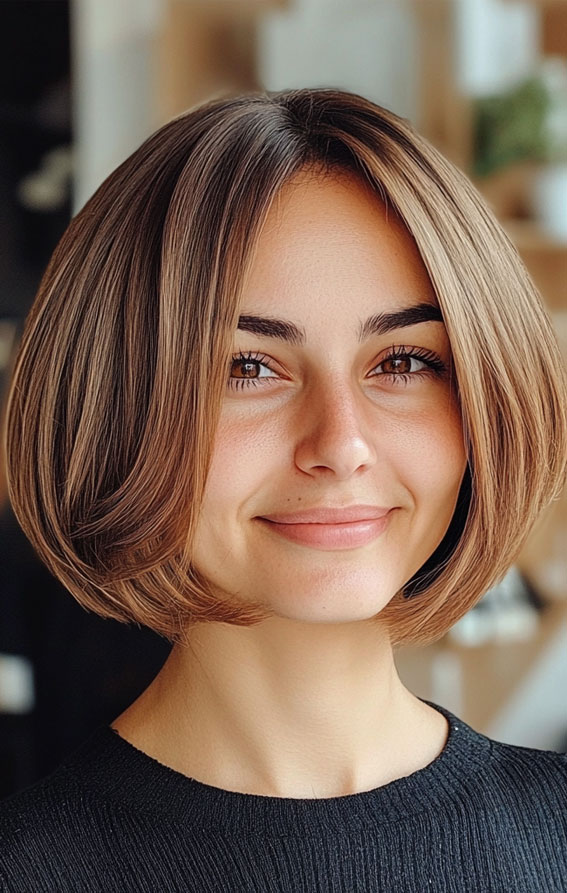 Sleek, Shaggy, or Wavy 33 Bobs You’ll Love : Sleek Chestnut Bob with Curtain Bangs