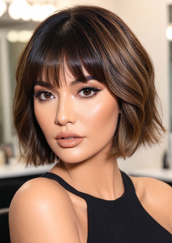 Sleek Brunette Bob with Bangs, bob hairstyle, bob haircut