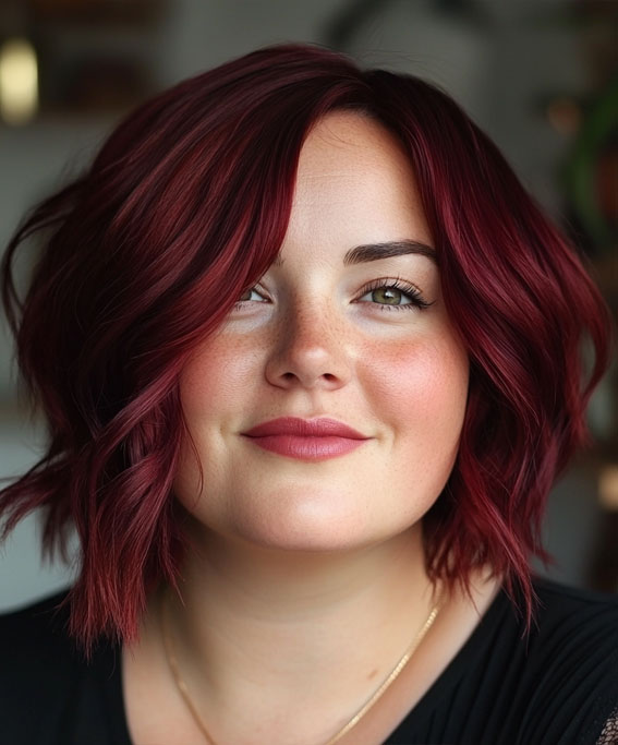 Bold Burgundy Wavy Bob, bob hairstyle, bob haircut