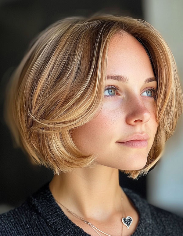 Golden Bob with Curtain Bangs, Golden Glow Bob with curtain bangs, bob hairstyle, bob haircut