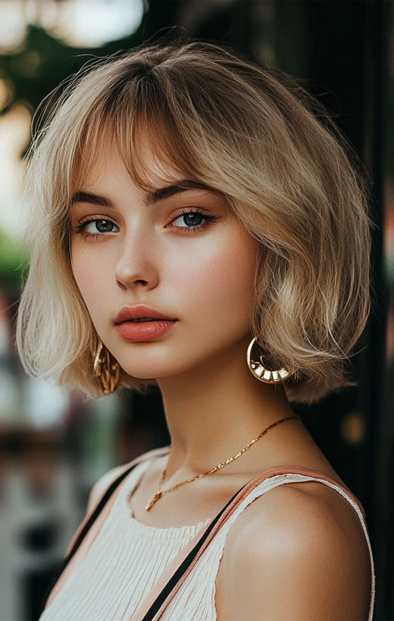 27 Bob Hairstyles with Fringe to Suit Every Look : Soft Blonde Bob with Wispy Bangs