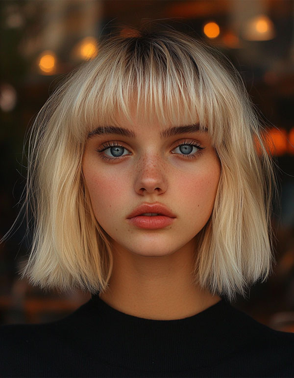 27 Bob Hairstyles with Fringe to Suit Every Look : Blunt Blonde Bob with Choppy Bangs