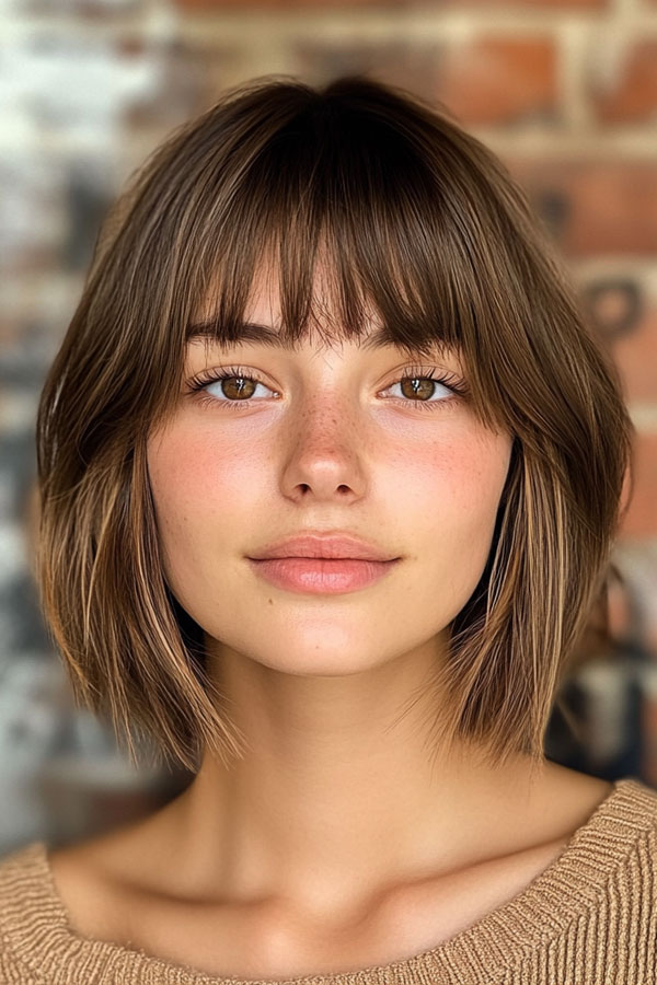 27 Bob Hairstyles with Fringe to Suit Every Look : Warm Brown Textured Bob with Piecey Bangs